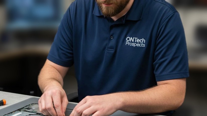 Our technician working on an open laptop at the bench